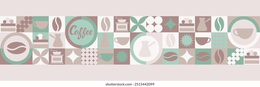 Coffee seamless background for textile and wallpaper with geometric shapes and coffee beans. Fashionable splash template with a cup in brown and green tones.