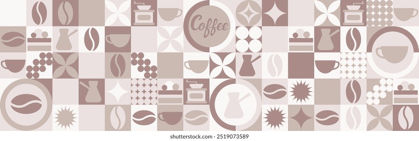 Kaffee nahtloser Hintergrund für Textilien und Tapeten mit geometrischen Formen und Kaffeebohnen. Modische Splash-Vorlage mit einer Tasse in Braun- und Grüntönen.