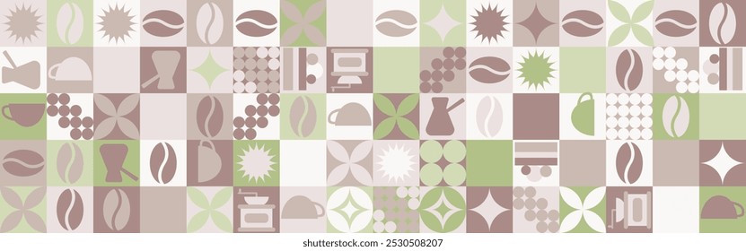 Kaffee nahtloser Hintergrund für Textilien und Tapeten mit geometrischen Formen und Kaffeebohnen. Modische Splash-Vorlage mit einer Tasse in Braun- und Grüntönen.