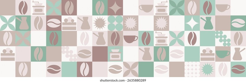 Coffee seamless background for textile and wallpaper with geometric shapes and coffee beans. Fashionable splash template with a cup in brown and green tones.