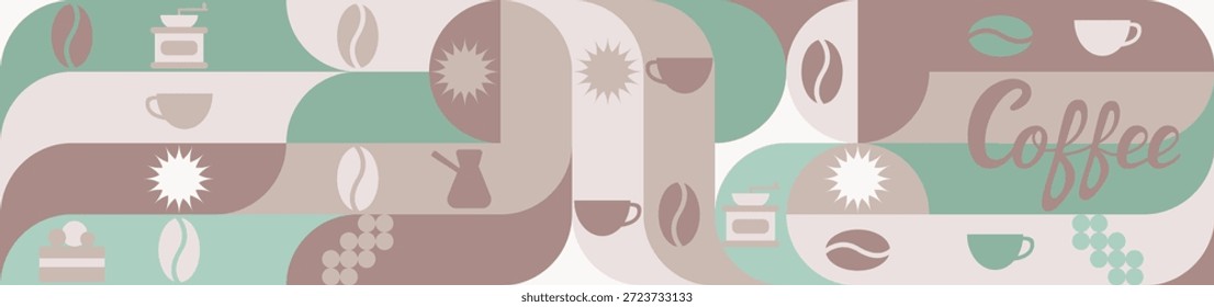 Fondo transparente de café para textiles y Fondo de pantalla con Formas geométricas y granos de café. Plantilla de moda con una taza en tonos marrones y verdes.