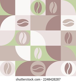Coffee seamless background for textiles and wallpapers with geometric shapes. Fashionable template for a screensaver in brown tones with a texture of squares and hearts.
