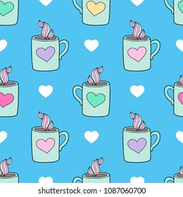 Coffee seamless background vector design illustration.  Cup of the hot drink. Perfect drawing for the textiles, fabrics, wrapping paper and printing on any surface. 
