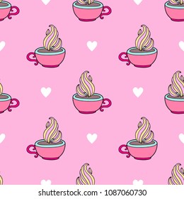 Coffee seamless background vector design illustration.  Cup of the hot drink. Perfect drawing for the textiles, fabrics, wrapping paper and printing on any surface. 