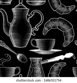 Coffee seamless background. Vintage engraving black and white stylized drawing of a coffee cup, coffee spoon, coffee pot. Vector illustration.