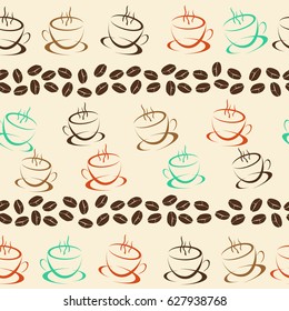 Coffee seamless background for your design. Vector pattern with coffee beans and cups on beige.