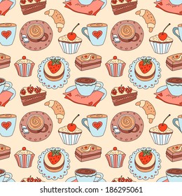 Coffee seamless color pattern. Vector cartoon background.