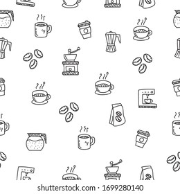 Coffee seamless doodle pattern in cute hand drawn style suitable for background 