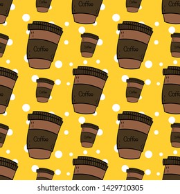 Coffee Seamless on yellow background. Vector illustration.