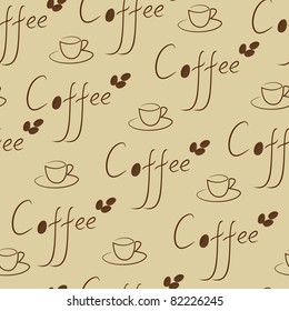 Coffee seamless in pastel colors. Coffee beans, mugs and text.