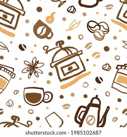 Coffee Seamless Pattern, Aroma Tasty Beverages Endless Repeating Print Can be Used for Background, Wallpaper, Textile, Packaging Design Vector Illustration