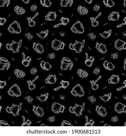 Coffee seamless pattern. background with cups, cezve, beans and teapot. Sketchy wrapping texture.