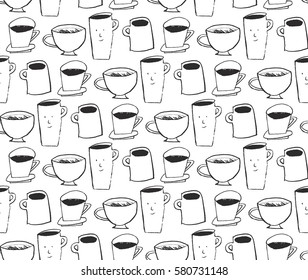 Coffee seamless pattern. Seamless background with hand drawn sketchy tea and coffee cups. The image is made in the style of hand-made, bright, simple. 