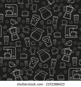 Coffee seamless pattern background vector with white icons on black