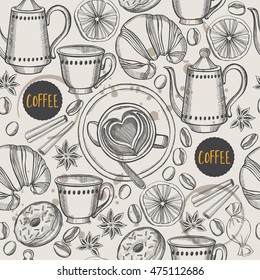 Coffee seamless pattern background vector. Food design icons hand-drawing elements. Graphic texture for restaurant template.