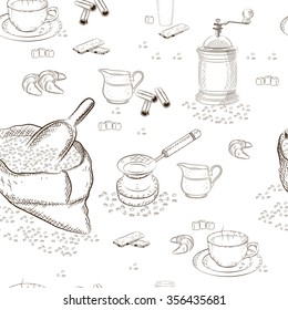 Coffee seamless pattern (bag, cup, scoop, sugar, coffee mill, cinnamon, cezve, milk jug, biscuit, croissant, coffee beans, saucer, paper cup)