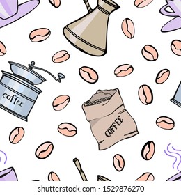 Coffee seamless pattern with coffee beans and accessories in hand drawn sketch style. Colorful vector illustration on white.