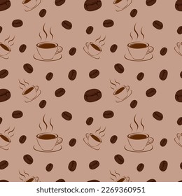 Coffee seamless pattern. Coffee beans and coffee cup. Vector illustration