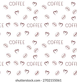 Coffee seamless pattern, coffee beans, love hearts, doodle hand drawn vector, cute design for cafe textiles or backgrounds.