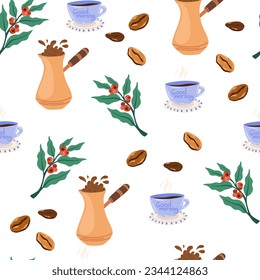 Patrón sin fisuras del café. Bayas de café en una rama, cezve y taza. Papel de diseño de tela estilizado. Ilustración vectorial dibujada por mano