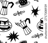 Coffee seamless pattern. Black and white pattern with geyser coffee maker, pancakes, cup, spoon. Vector background with crayon texture.