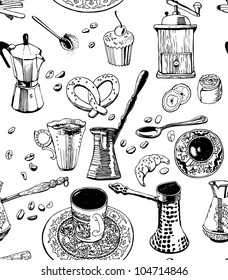 Coffee seamless pattern. Black and white.