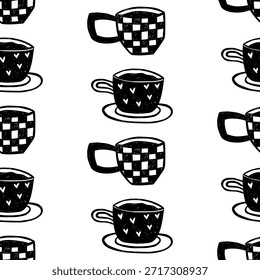 Café padrão sem costura. Padrão preto e branco com copos. Fundo do vetor com textura de giz de cera.
