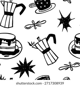 Café padrão sem costura. Padrão preto e branco com máquina de fazer café de gêiser, panquecas, xícara, colher. Fundo do vetor com textura de giz de cera.
