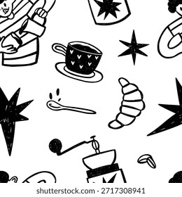 Kaffee nahtlose Muster. Schwarz-weißes Muster mit Barista, Tasse, Croissant, Kaffeemühle. Vektorhintergrund mit Stift-Textur.