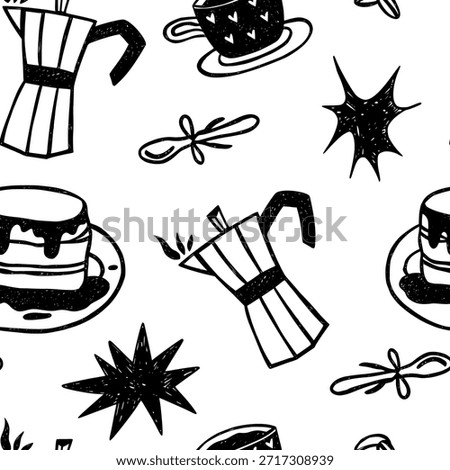 Coffee seamless pattern. Black and white pattern with geyser coffee maker, pancakes, cup, spoon. Vector background with crayon texture.