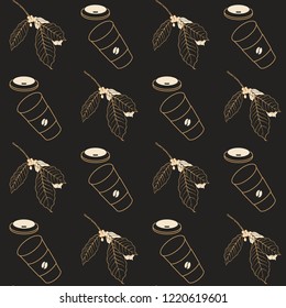 Coffee seamless pattern, coffee and branch of coffee tree golden line art ink drawing on dark brown background, vintage style