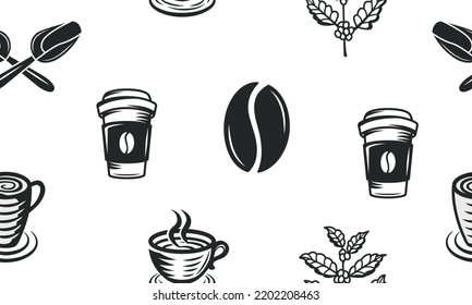 Coffee seamless pattern. Coffee, Cafe background. Vintage coffee icons isolated on white background. Vector illustration