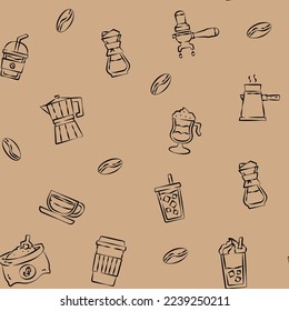 Coffee Seamless Pattern, Coffee Cafe Vector Pattern, Dark Color Background