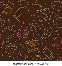 Coffee seamless pattern. Caffeine separator dark grains hot drinks espresso textile vector design projects