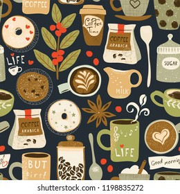 Coffee seamless pattern with cappuccino, cups, seeds arabica, milk, donuts, cookie, anise and sugar. Vector illustration in flat retro style on dark background.