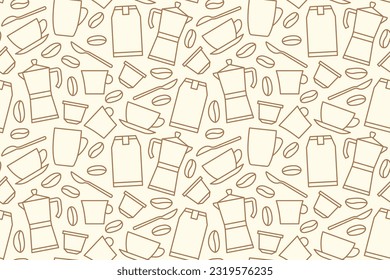 coffee seamless pattern with capsules, beans, cups, spoons, packages and french press - vector illustration
