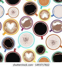 Coffee Seamless pattern. Colored cups with coffee. Vector illustration.
