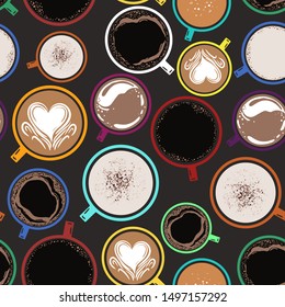 Coffee seamless pattern. Colored cups with coffee. Coffee cups. Vector illustration.
