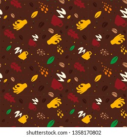 Coffee seamless pattern. Cup, hand, leaf coffee beans on brown background.