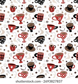 Coffee Seamless Pattern. Coffee Cups Abstract Background. Cups of Coffee, Coffee Beans, Flowers, Hearts. Trendy Style. Vector Illustration in Red, Black, Brown, Beige on White Background
