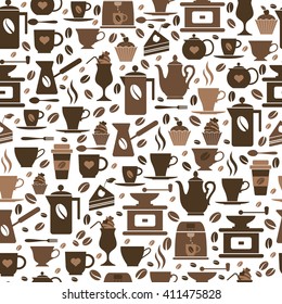 Coffee seamless pattern with a cups. Brown texture of coffee icons.