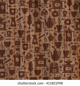 Coffee seamless pattern with a cups. Brown texture of coffee icons on wooden.