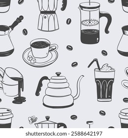 Coffee seamless pattern. Cups, coffee makers, coffee beans. Hand drawn sketch style.