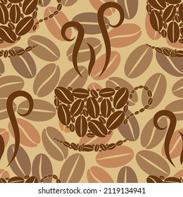 Coffee Seamless pattern with cups on coffee beans background Decorative Design for Cafeteria, Posters, Banners, Cards Scrapbook element Vector illustration.
