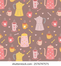 Coffee seamless pattern. Cups, spoons, coffee makers, hand drawn coffee pattern. Cute colorful coffee background.