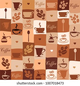 Coffee seamless pattern with a cups. Seamless texture of coffee icons.  Vintage restaurant menu. Food and drink pattern. Vector illustration