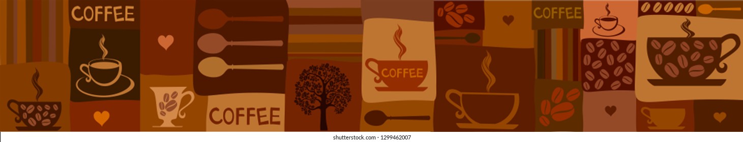 Coffee seamless pattern with a cups. Seamless texture of coffee icons. Vintage restaurant menu. Food and drink pattern. Horizontal banner. Web banner design background for header Templates. Vector 