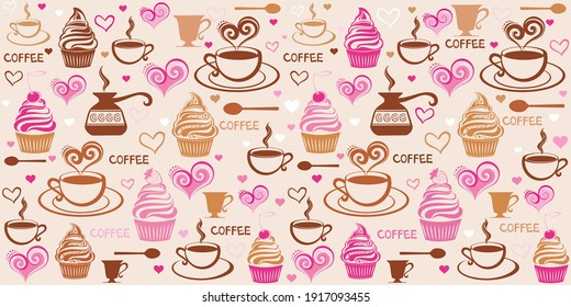 Coffee seamless pattern with a cups. Seamless texture of coffee icons.  Vintage restaurant menu. Food and drink pattern. Horizontal banner. Web banner for header. Vector illustration