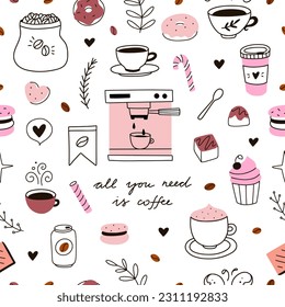 Coffee seamless pattern. Cute coffee pattern. Background with coffee cups and sweet desserts