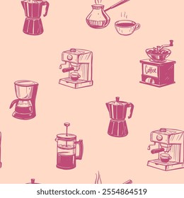 Coffee, seamless pattern design, hand drawn vector illustrations, coffee maker, coffee grinder, turk